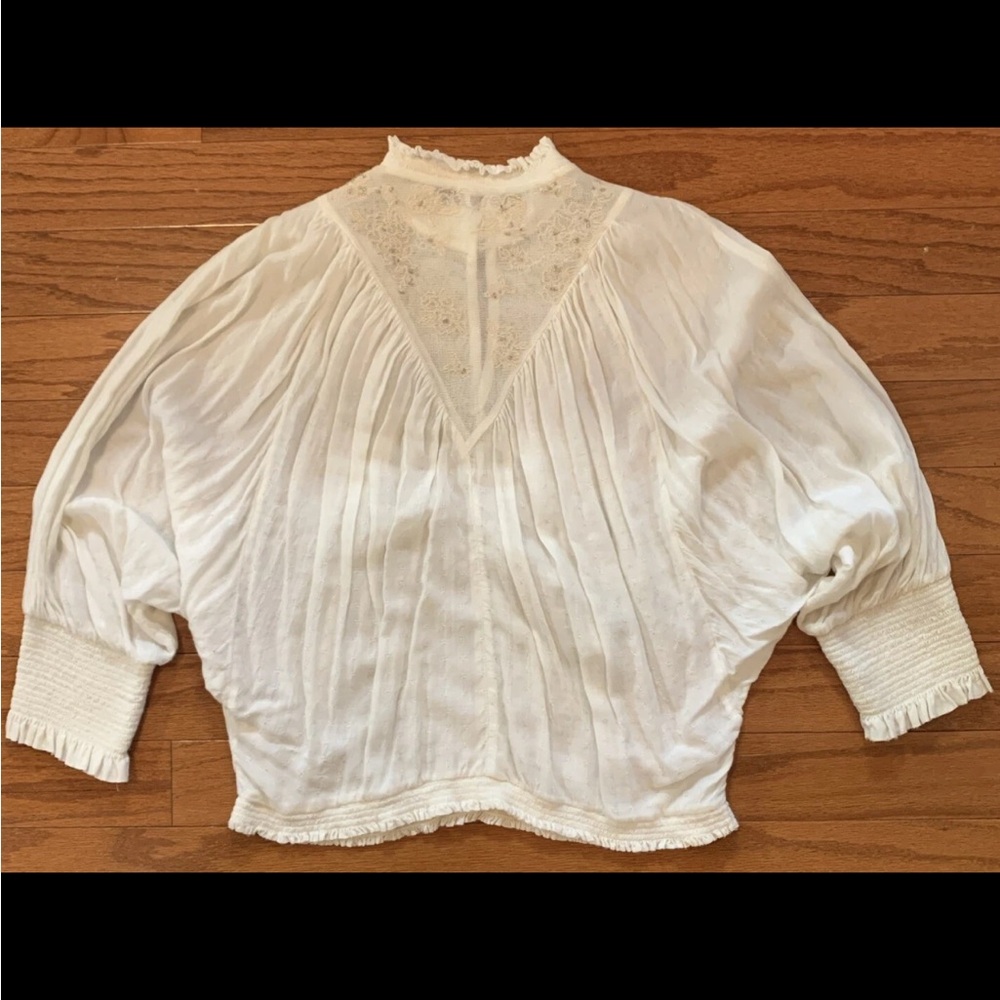 Women's Cream Beaded Highneck Dolman Featherbone Edda Peasant Long-Sleeve Size S - Picture 7 of 8